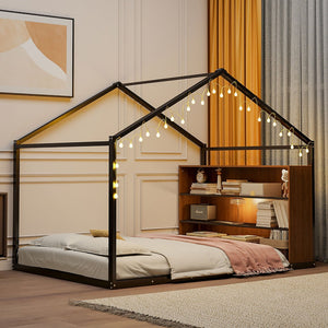 HomeRoots Black Metal Full House Bed Frame - Durable, Stylish Design, No Box Spring Needed, Supports 300lbs 592791