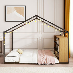 HomeRoots Black Metal Full House Bed Frame - Durable, Stylish Design, No Box Spring Needed, Supports 300lbs 592791