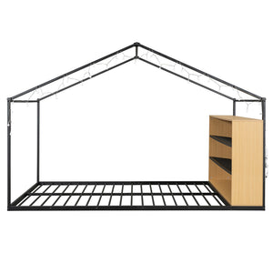 HomeRoots Black Metal Full House Bed Frame - Durable, Stylish Design, No Box Spring Needed, Supports 300lbs 592791