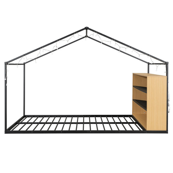 HomeRoots Black Metal Full House Bed Frame - Durable, Stylish Design, No Box Spring Needed, Supports 300lbs 592791