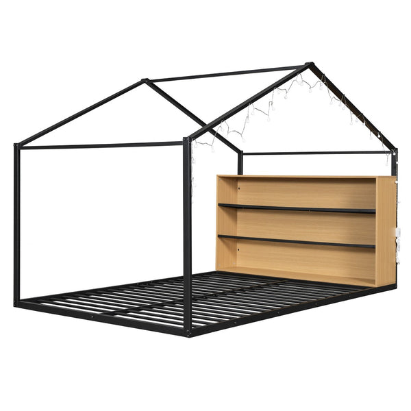 HomeRoots Black Metal Full House Bed Frame - Durable, Stylish Design, No Box Spring Needed, Supports 300lbs 592791