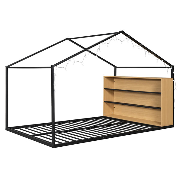 HomeRoots Black Metal Full House Bed Frame - Durable, Stylish Design, No Box Spring Needed, Supports 300lbs 592791
