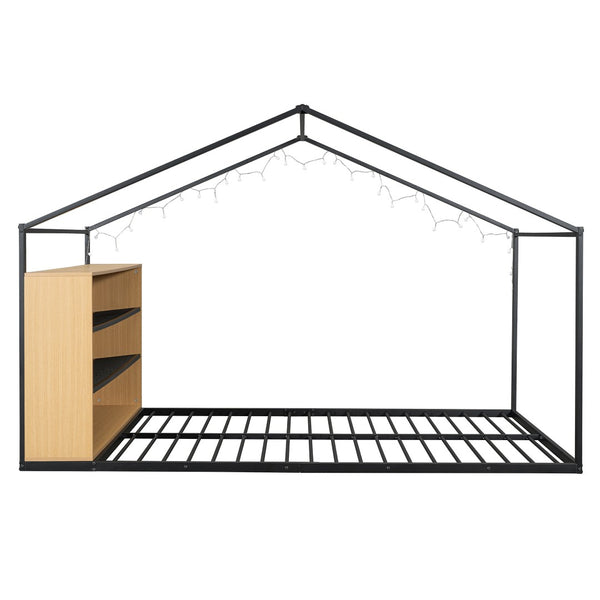HomeRoots Black Metal Full House Bed Frame - Durable, Stylish Design, No Box Spring Needed, Supports 300lbs 592791