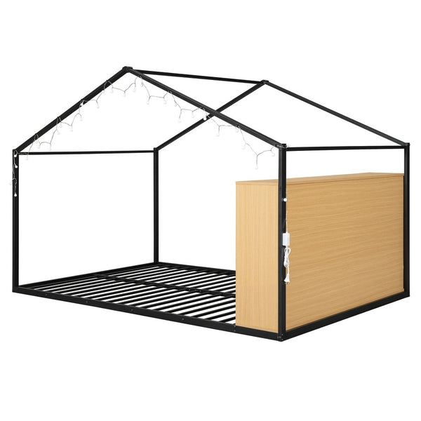 HomeRoots Black Metal Full House Bed Frame - Durable, Stylish Design, No Box Spring Needed, Supports 300lbs 592791