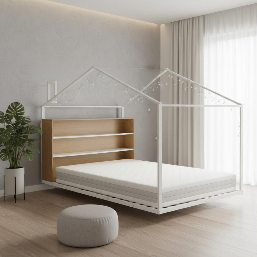 HomeRoots White Metal Full House Bed - Elegant Design with Durable Support, Perfect for Modern or Farmhouse Decor 592792