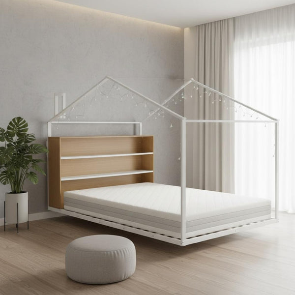 HomeRoots White Metal Full House Bed - Elegant Design with Durable Support, Perfect for Modern or Farmhouse Decor 592792