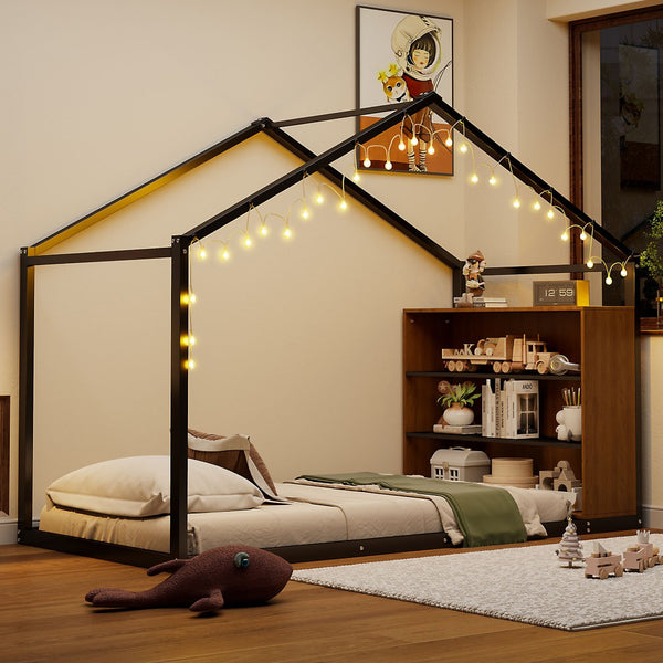 HomeRoots Black Metal Twin House Bed Frame - Modern, Durable Platform Design with Sturdy Support and Style 592793
