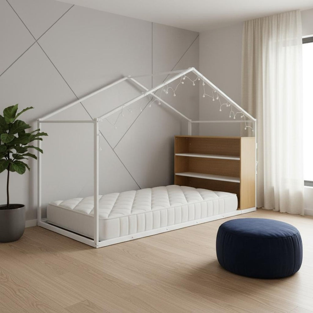 HomeRoots White Metal Twin House Bed – Stylish, Durable Design with Platform Support & Easy Assembly for Kids' Rooms 592794