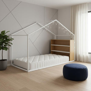 HomeRoots White Metal Twin House Bed – Stylish, Durable Design with Platform Support & Easy Assembly for Kids' Rooms 592794