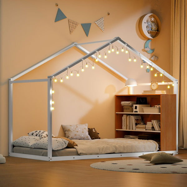 HomeRoots White Metal Twin House Bed – Stylish, Durable Design with Platform Support & Easy Assembly for Kids' Rooms 592794