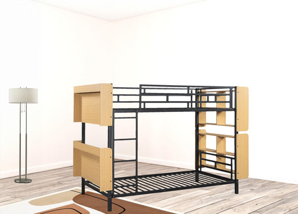 HomeRoots Black Twin Over Twin Bunk Bed with Built-In Storage, Safety Guardrails, and Modern Design for Kids 592795