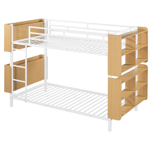 HomeRoots White Twin Over Twin Bunk Bed with Smart Storage, Safety Features & Sturdy Wood-Metal Design 592796