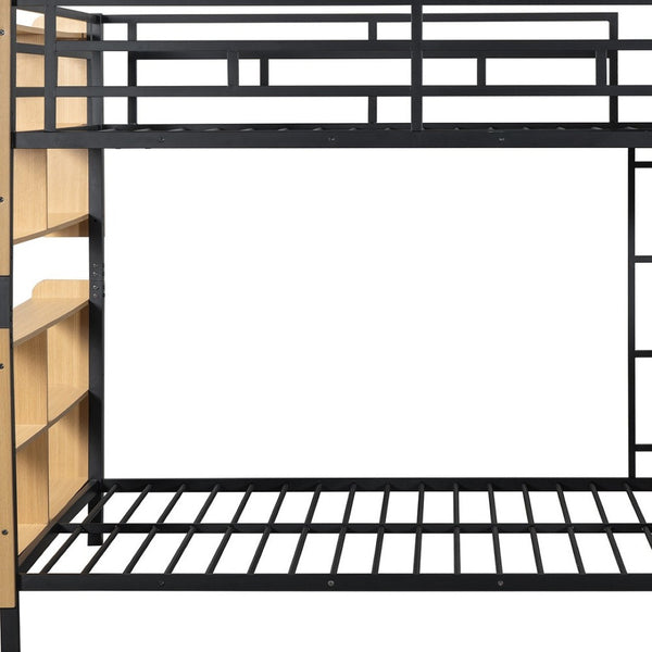 HomeRoots Black Full Over Full Bunk Bed with Durable Wood & Metal Frame, Storage, and Safety Guardrail Features 592797