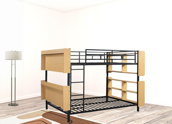HomeRoots Black Full Over Full Bunk Bed with Durable Wood & Metal Frame, Storage, and Safety Guardrail Features 592797