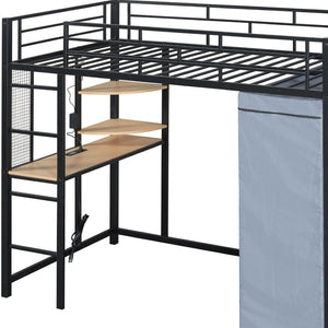 HomeRoots Black Four Poster Twin Loft Bed with Built-In Desk & Storage Shelf - Stylish Space-Saving Design 592799