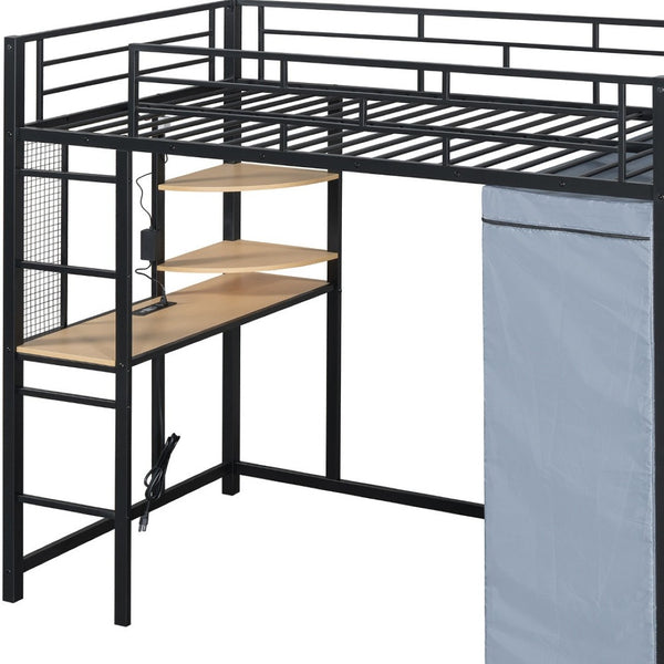 HomeRoots Black Four Poster Twin Loft Bed with Built-In Desk & Storage Shelf - Stylish Space-Saving Design 592799