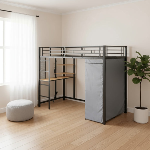 HomeRoots Black Four Poster Twin Loft Bed with Built-In Desk & Storage Shelf - Stylish Space-Saving Design 592799