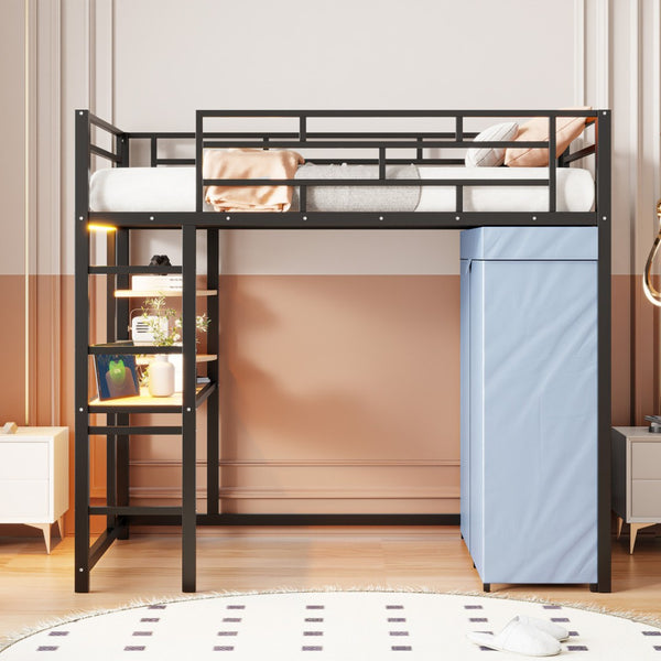 HomeRoots Black Four Poster Twin Loft Bed with Built-In Desk & Storage Shelf - Stylish Space-Saving Design 592799