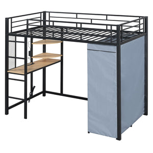 HomeRoots Black Four Poster Twin Loft Bed with Built-In Desk & Storage Shelf - Stylish Space-Saving Design 592799