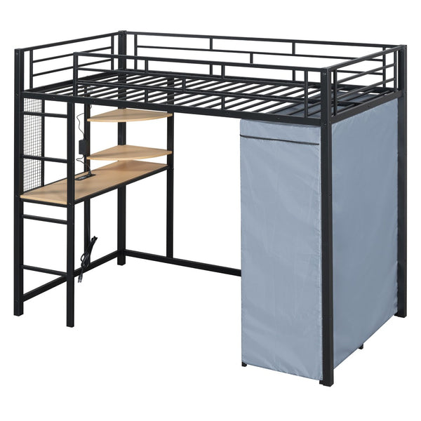 HomeRoots Black Four Poster Twin Loft Bed with Built-In Desk & Storage Shelf - Stylish Space-Saving Design 592799