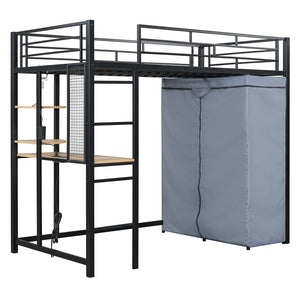 HomeRoots Black Four Poster Twin Loft Bed with Built-In Desk & Storage Shelf - Stylish Space-Saving Design 592799