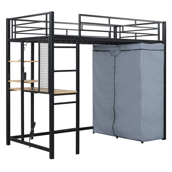 HomeRoots Black Four Poster Twin Loft Bed with Built-In Desk & Storage Shelf - Stylish Space-Saving Design 592799