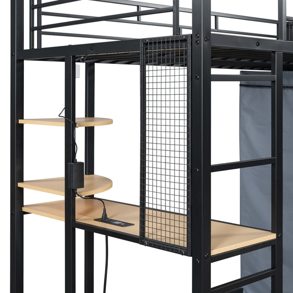 HomeRoots Black Four Poster Twin Loft Bed with Built-In Desk & Storage Shelf - Stylish Space-Saving Design 592799