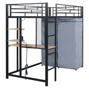 HomeRoots Black Four Poster Twin Loft Bed with Built-In Desk & Storage Shelf - Stylish Space-Saving Design 592799