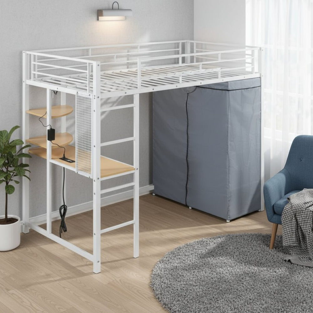 HomeRoots White Four Poster Twin Loft Bed with Integrated Desk, Storage Shelves & USB Charging Port 592800
