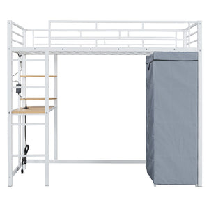 HomeRoots White Four Poster Twin Loft Bed with Integrated Desk, Storage Shelves & USB Charging Port 592800
