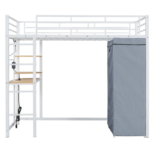 HomeRoots White Four Poster Twin Loft Bed with Integrated Desk, Storage Shelves & USB Charging Port 592800