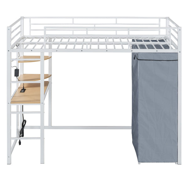HomeRoots White Four Poster Twin Loft Bed with Integrated Desk, Storage Shelves & USB Charging Port 592800
