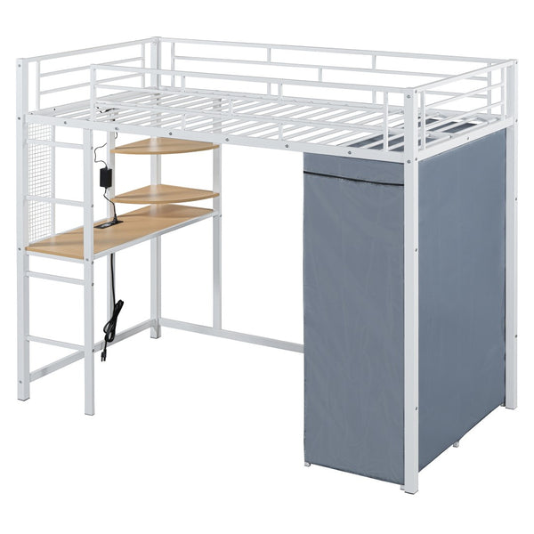 HomeRoots White Four Poster Twin Loft Bed with Integrated Desk, Storage Shelves & USB Charging Port 592800