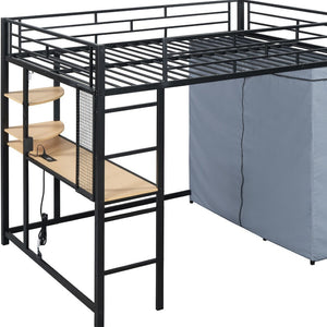 HomeRoots Black Four Poster Loft Bed with Integrated Desk & Shelves - Space-Saving Solution for Small Rooms 592801