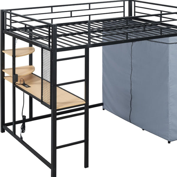 HomeRoots Black Four Poster Loft Bed with Integrated Desk & Shelves - Space-Saving Solution for Small Rooms 592801