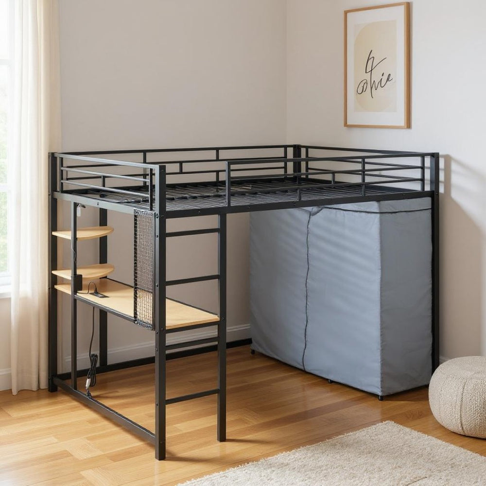 HomeRoots Black Four Poster Loft Bed with Integrated Desk & Shelves - Space-Saving Solution for Small Rooms 592801