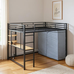 HomeRoots Black Four Poster Loft Bed with Integrated Desk & Shelves - Space-Saving Solution for Small Rooms 592801
