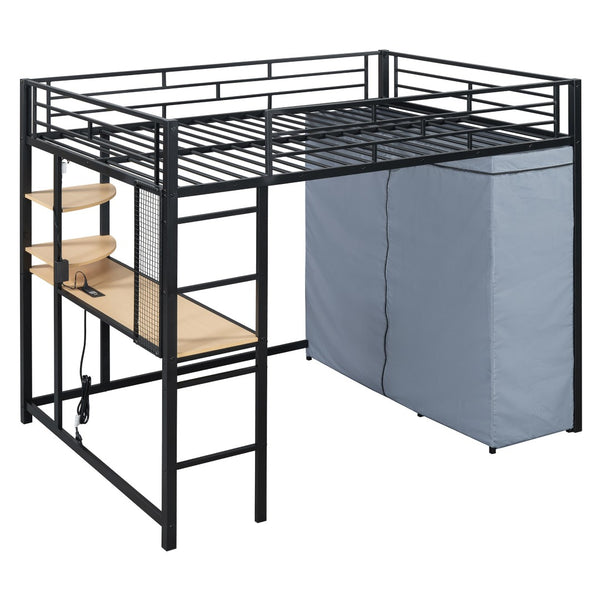 HomeRoots Black Four Poster Loft Bed with Integrated Desk & Shelves - Space-Saving Solution for Small Rooms 592801