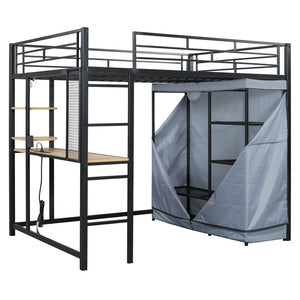 HomeRoots Black Four Poster Loft Bed with Integrated Desk & Shelves - Space-Saving Solution for Small Rooms 592801