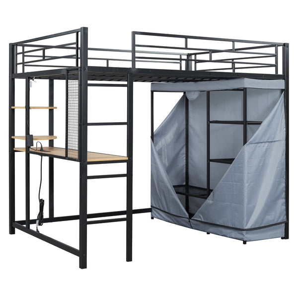 HomeRoots Black Four Poster Loft Bed with Integrated Desk & Shelves - Space-Saving Solution for Small Rooms 592801