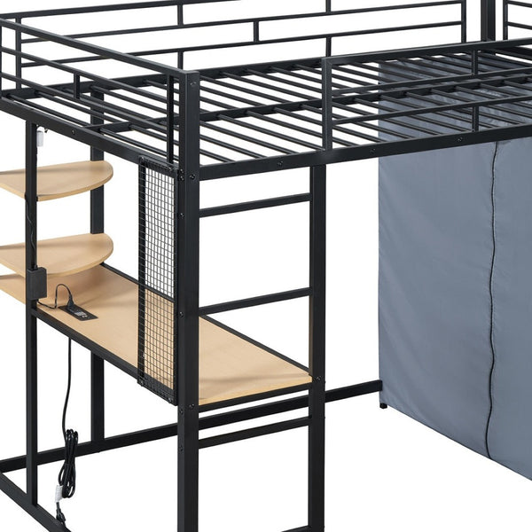 HomeRoots Black Four Poster Loft Bed with Integrated Desk & Shelves - Space-Saving Solution for Small Rooms 592801