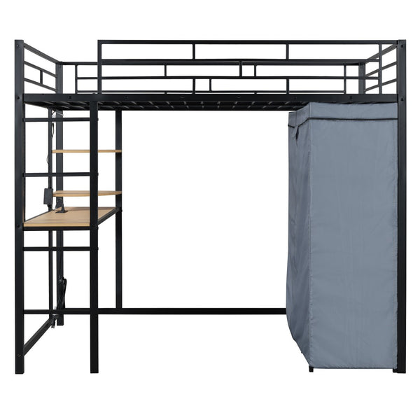 HomeRoots Black Four Poster Loft Bed with Integrated Desk & Shelves - Space-Saving Solution for Small Rooms 592801