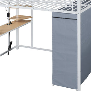 HomeRoots White Four Poster Full Loft Bed with Desk and Shelves - Stylish Space-Saving Design for Any Room 592802