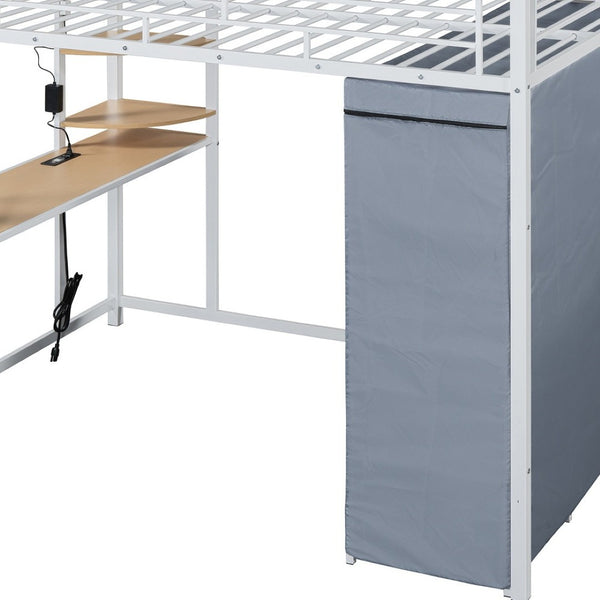 HomeRoots White Four Poster Full Loft Bed with Desk and Shelves - Stylish Space-Saving Design for Any Room 592802