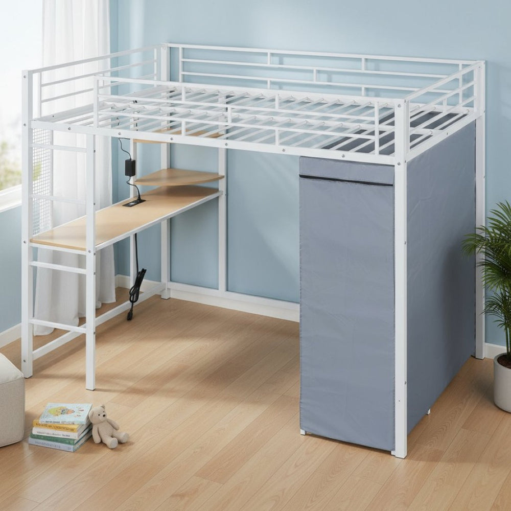 HomeRoots White Four Poster Full Loft Bed with Desk and Shelves - Stylish Space-Saving Design for Any Room 592802