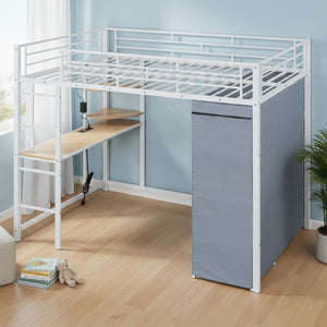 HomeRoots White Four Poster Full Loft Bed with Desk and Shelves - Stylish Space-Saving Design for Any Room 592802