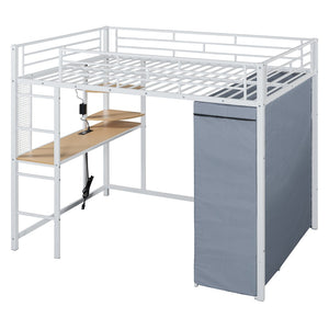 HomeRoots White Four Poster Full Loft Bed with Desk and Shelves - Stylish Space-Saving Design for Any Room 592802
