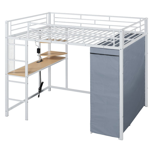 HomeRoots White Four Poster Full Loft Bed with Desk and Shelves - Stylish Space-Saving Design for Any Room 592802