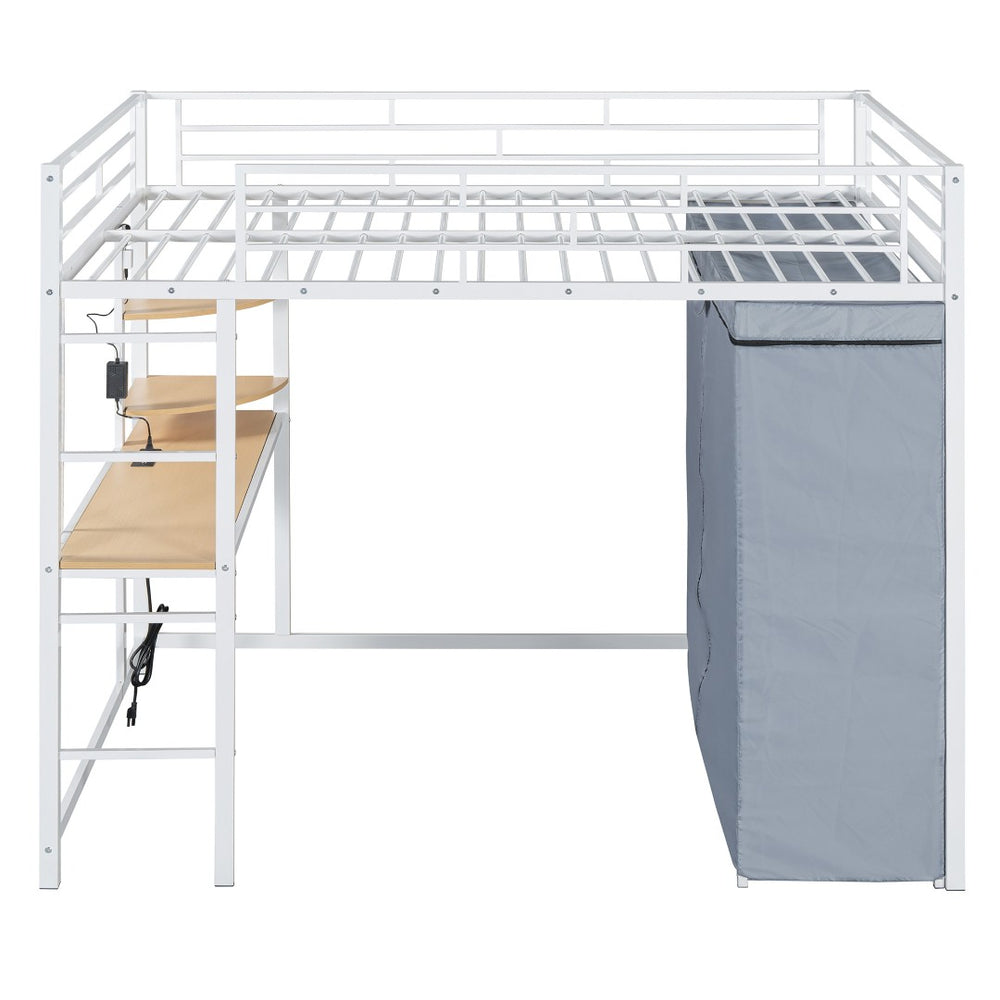 HomeRoots White Four Poster Full Loft Bed with Desk and Shelves - Stylish Space-Saving Design for Any Room 592802