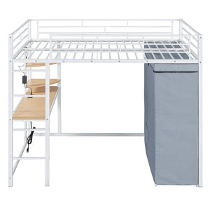 HomeRoots White Four Poster Full Loft Bed with Desk and Shelves - Stylish Space-Saving Design for Any Room 592802